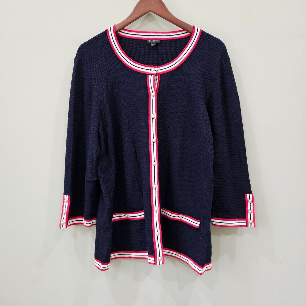 Talbots Womens Knit Cardigan Sweater Plus Size 2X Navy Pink Contrast Classic